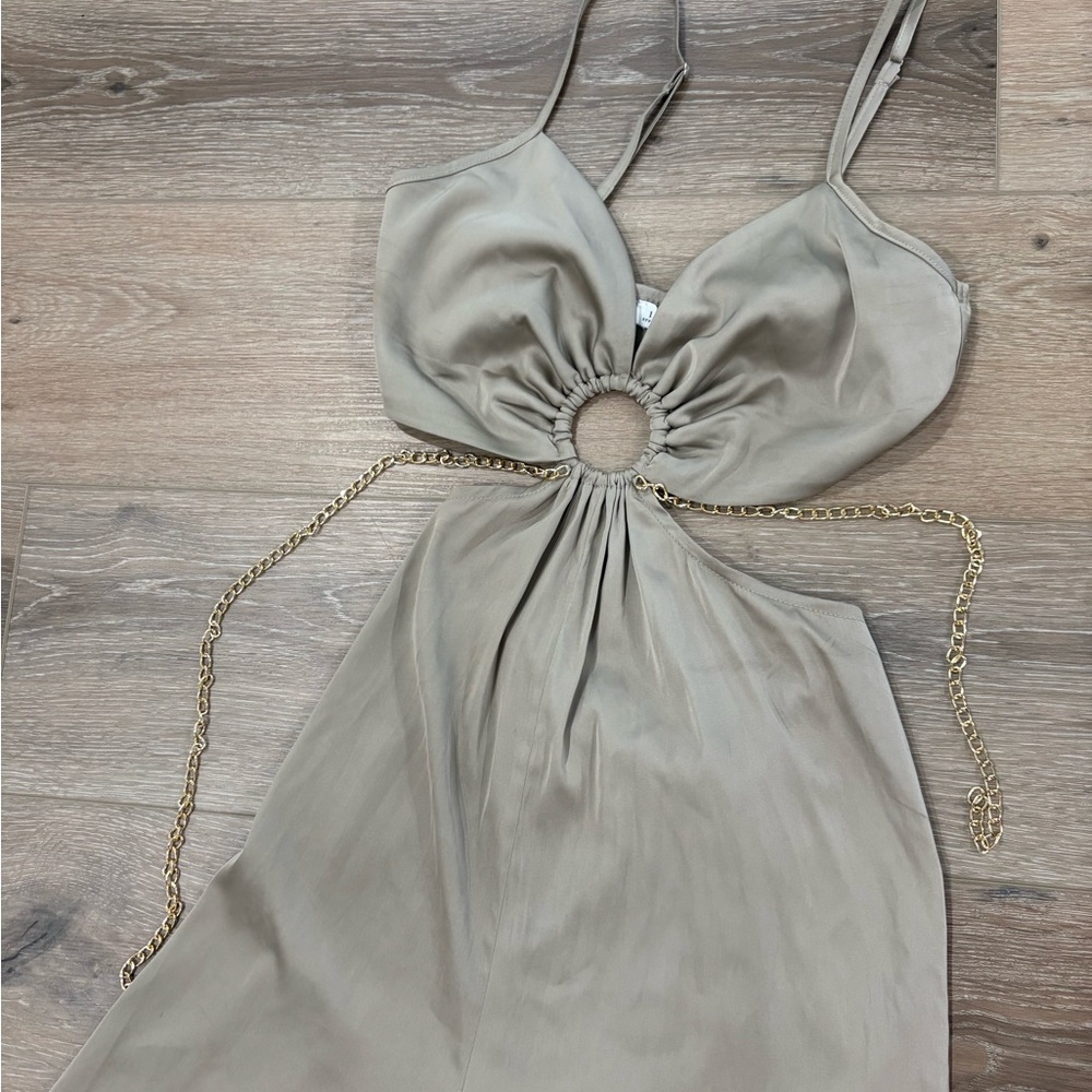 12th tribe taupe satin jumpsuit size medium with waist chain! - Picture 2 of 4